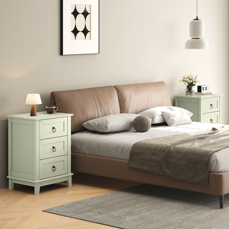 Modern 3-Drawer Wooden Nightstand,Set Of 2, Light Green