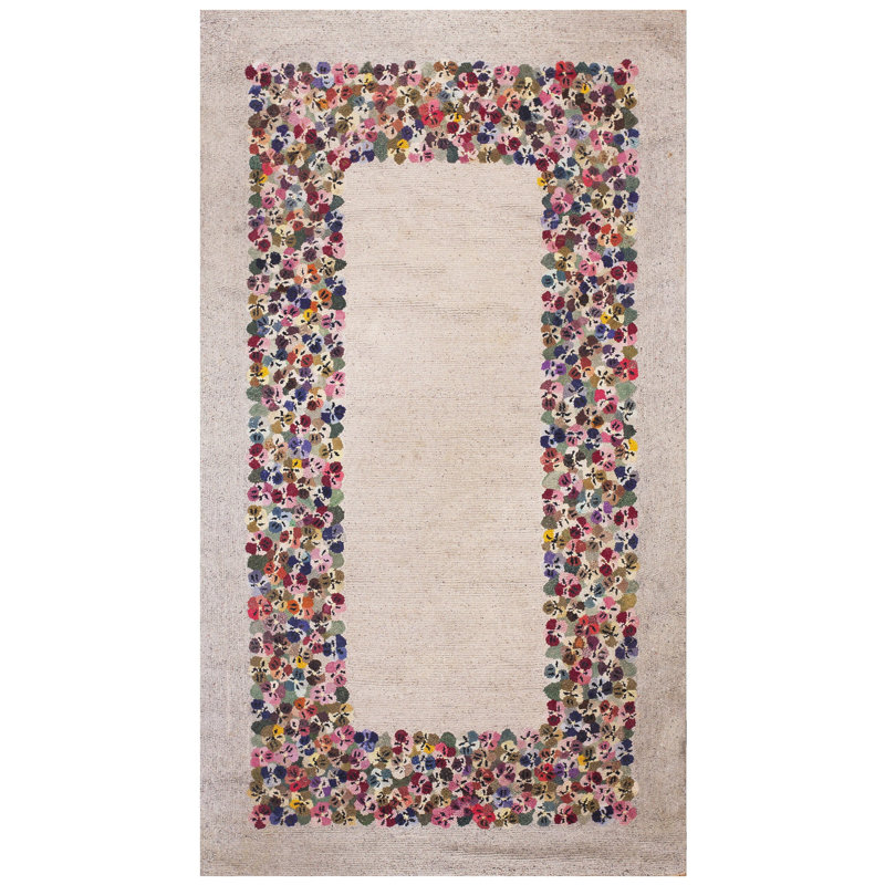 Antique Floral Wool &amp; Cotton Hooked - Loop Pile Ivory Beige Cream White 1940s Rug