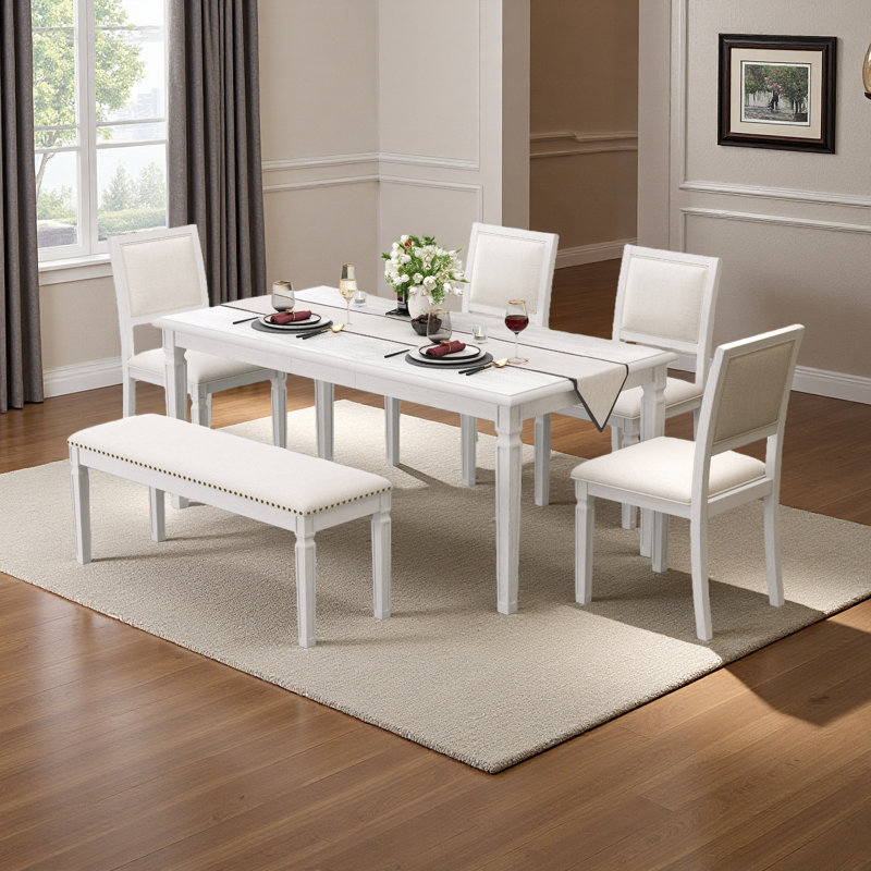 Ensemble de table de salle à manger vintage extensible pour 6 personnes avec 4 chaises et banc, ensemble de table de cuisine rustique de 59 à 72 pouces avec finition patinée et pieds rétro sculptés