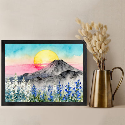 Reproduction d'art encadrée noire rétro de paysage primitif coloré