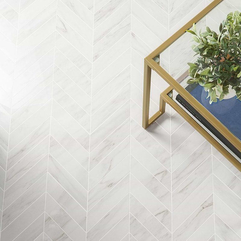 Dreamstone 2X8 Chevron Polished Porcelain Mosaic, Dolomite Snow