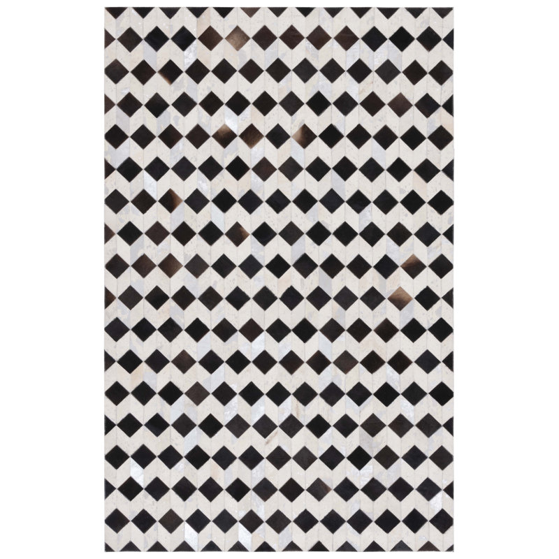 Studio Leather Hand Woven Wool/Leather/Non Woven Felt Geometric Rug in Beige/Black, Rectangle 5' x 8'
