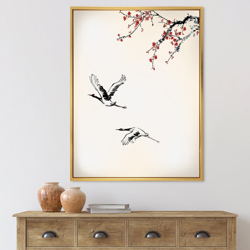 Sweet Winter Birds - peinture sur toile, Encadrement doré, H 32 po x l 16 po x P 1 po
