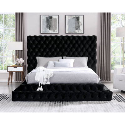 Fully Upholstered Frame Black 1pc Eastern King Size Bed Tufted Oversized Headboard Bedroom Furniture Platform Bed