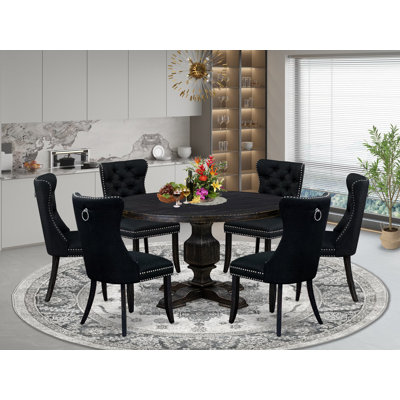7 Piece Kitchen Table Set Consists of a 54" Round Table with Pedestal and 6 Black Polyester Fabric Upholstered Chairs, Sand Blasted Black