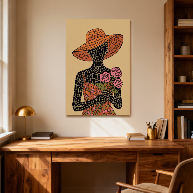 Plantes et fleurs, mosaïque, femme avec chapeau et roses, H 36 po x l 24 po