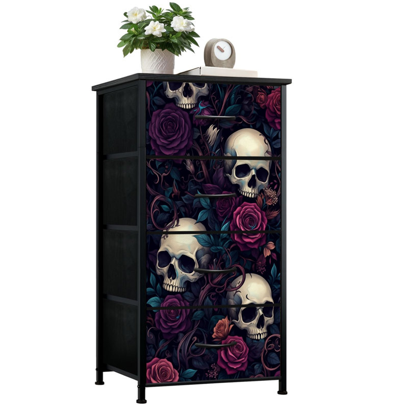 Commode pour chambre à coucher avec 4 tiroirs de rangement Skulls Vibrant Floral Roses Leaves Commode Commode en tissu avec cadre en acier pour chambre d'enfant
