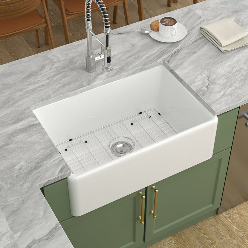 30 Inch White Ceramic Farmhouse Kitchen Sink with Basket Strainer