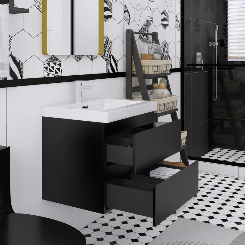 24" Floating Wall-Mounted Glossy Black Bathroom Vanity Resin Sink With Square Basin & Soft-Close Drawers, Glossy Black