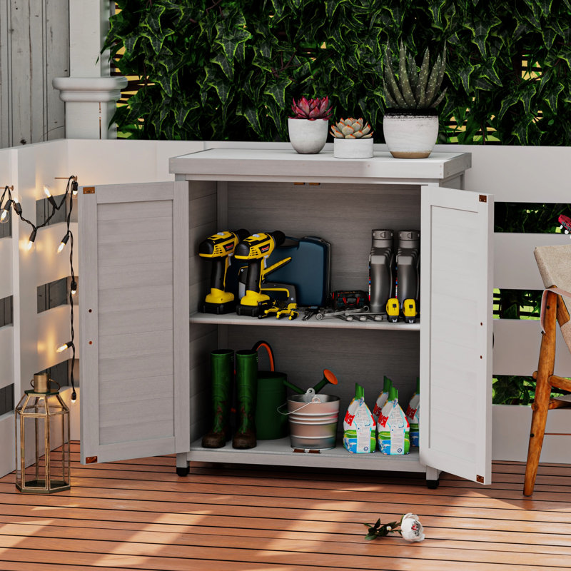 Outdoor Work Station - Wood Cabinet & Secure Magnetic Door Patio Potting Metal Table Top Construction