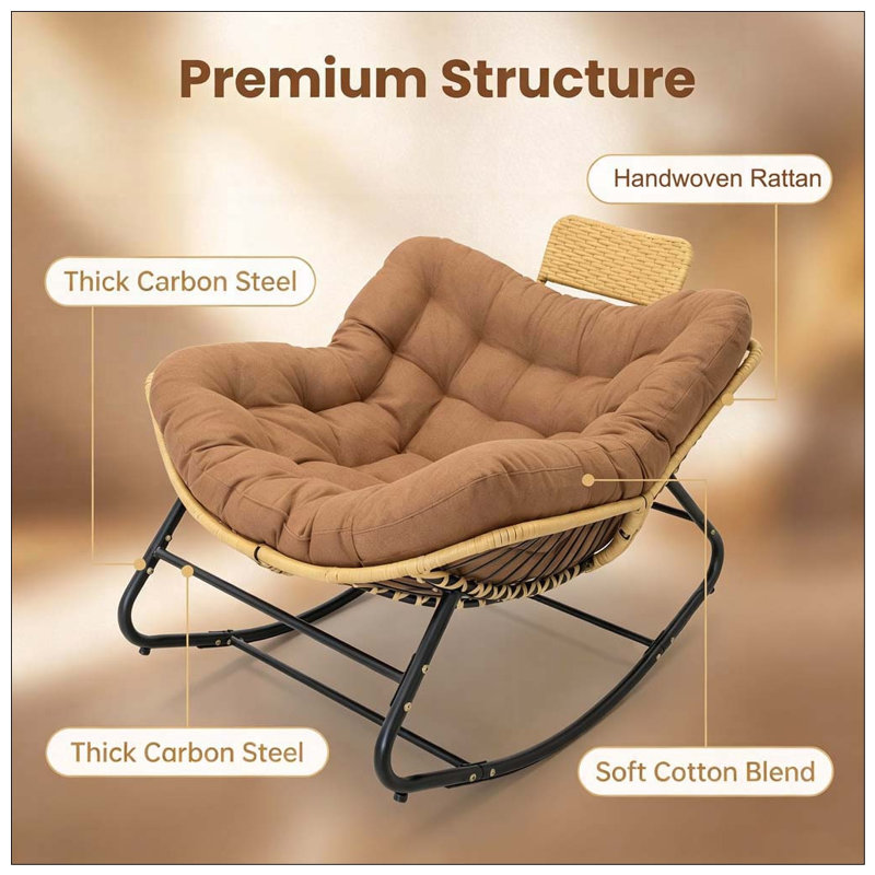 Chaise berçante surdimensionnée Papasan avec coussin épais et coussin en rotin, Brun