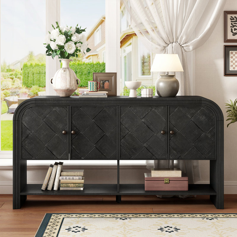 Armoire de rangement polyvalente avec lattes en bois tissé, Noir