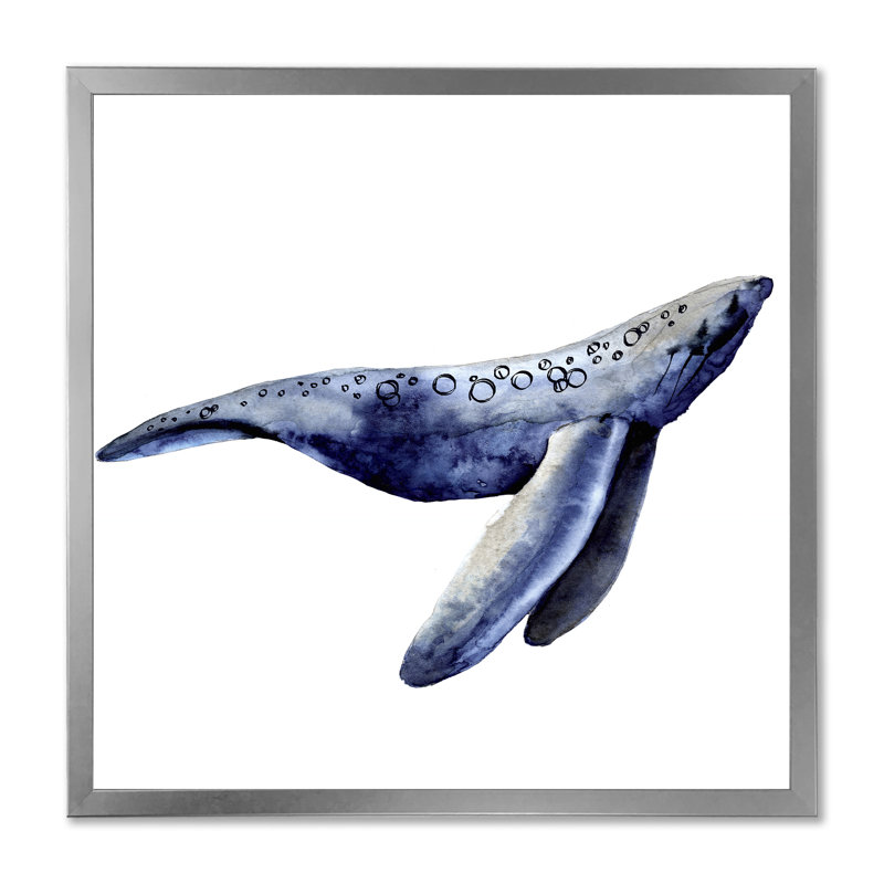Baleine bleue sur fond blanc - peinture sur toile, H 36 po x l 36 po x P 1 po, Cadre photo argenté