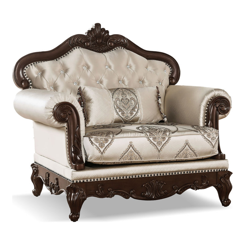Barbato 48.5''W Tufted Chair with Damask Pattern, Beige Polyester