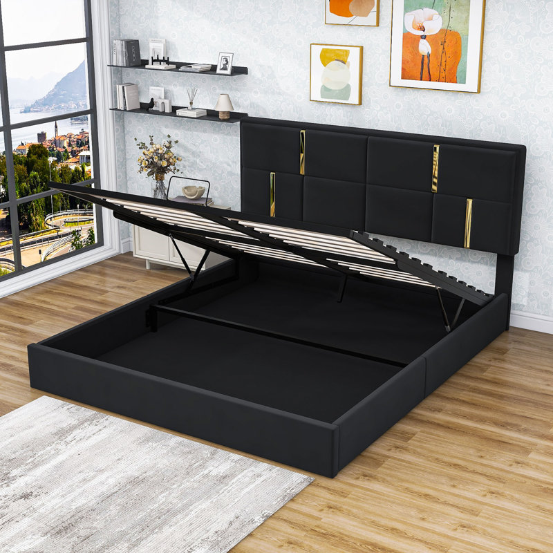 Grand lit plateforme tapissier avec rangement hydraulique, Noir
