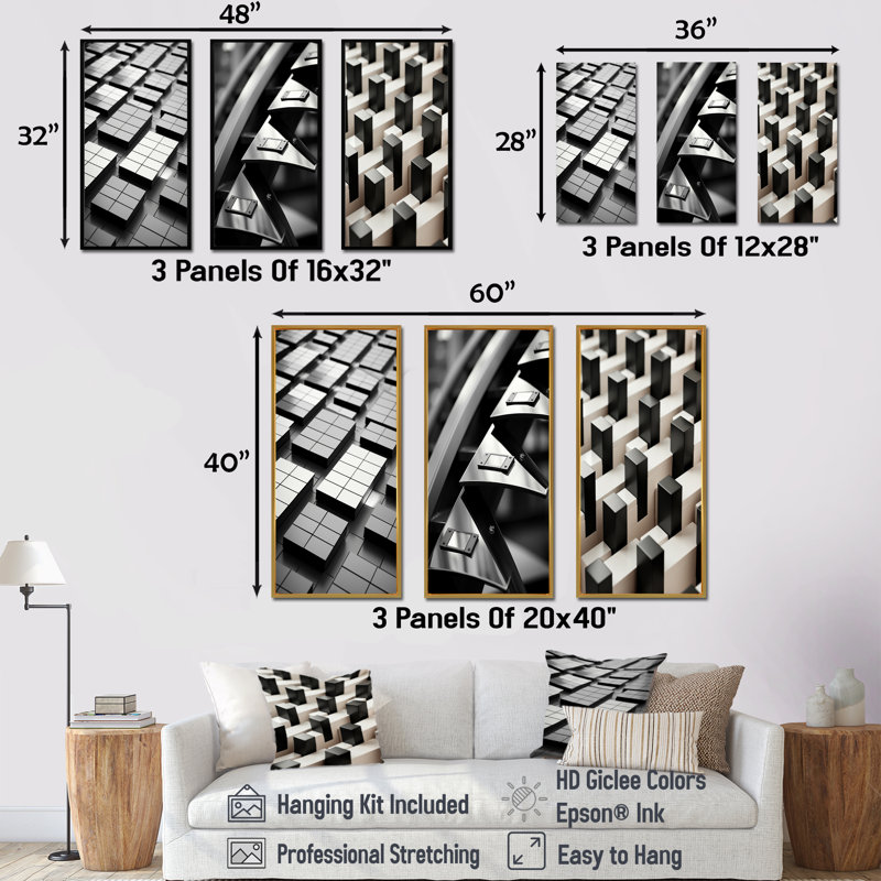 Panneaux de puissance abstraits noirs et blancs I - Ensemble de 3 reproductions d'art sur toile, Cadre flottant doré