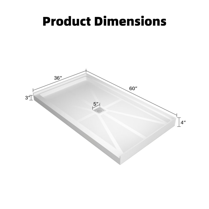 60 po. 36 po. Base de douche en pierre de verre au fini blanc pur