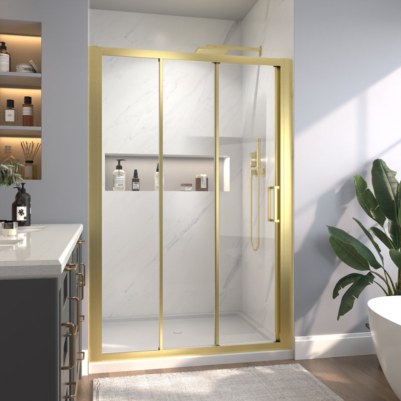 48" W X 70" H Three Sliding Semi-Frameless Shower Door, Gold