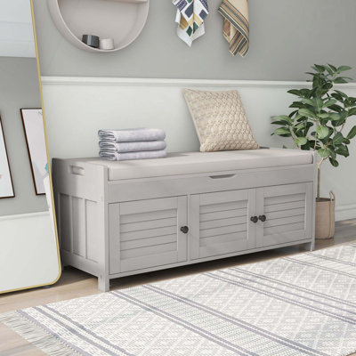 Banc de rangement rustique avec portes à volets, coussin amovible et espace de rangement caché pour un usage familial