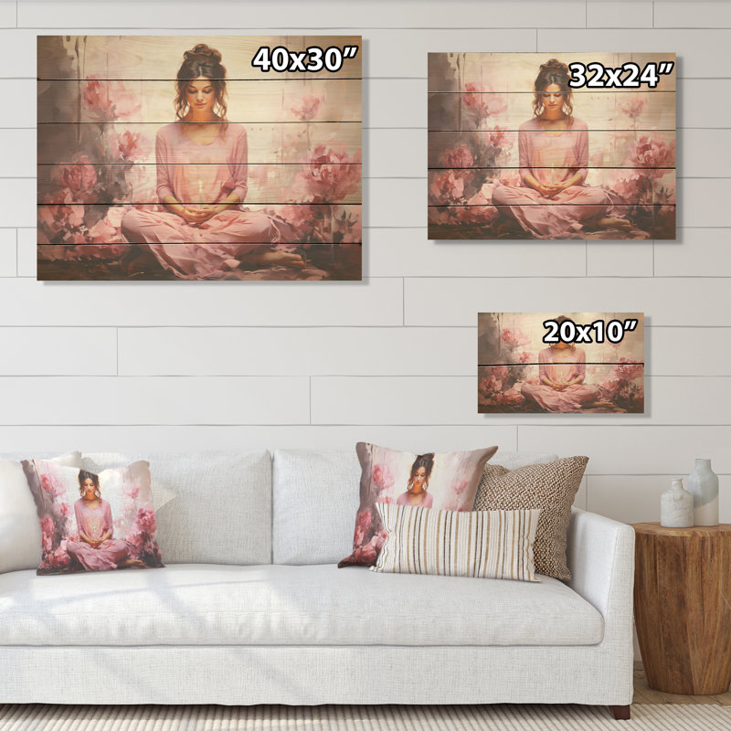 «Pink Yoga Mediation» - art mural panneau de bois de yoga sur bois de pin naturel, H 30 po x l 40 po