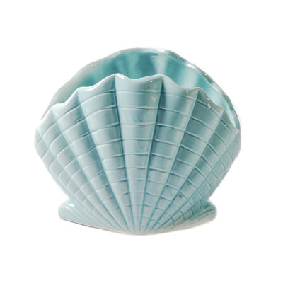Sculpture en céramique coquille de palourde finition brillante cyan