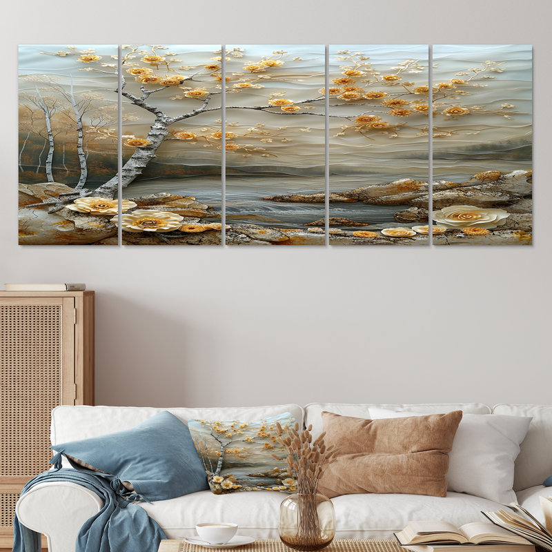 «Blossoming Birch By Silver River - Tree Birch», art mural sur toile 5 pièces, H 28 po x l 60 po
