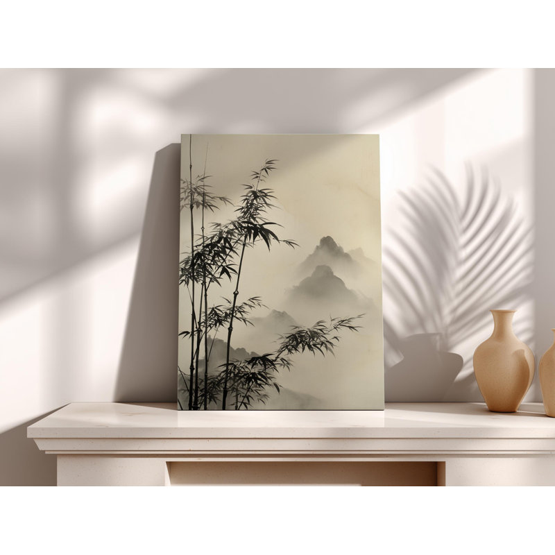 Art mural asiatique, peinture à l'encre de bambou sur toile - Montagnes brumeuses de style japonais, décor zen noir et blanc pour maison minimaliste ou studio de yoga