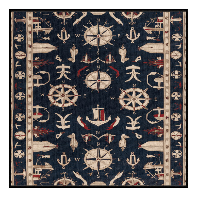 Washable Mediterranean maritime Nautical Area Rug, Rectangle 7' x 10'