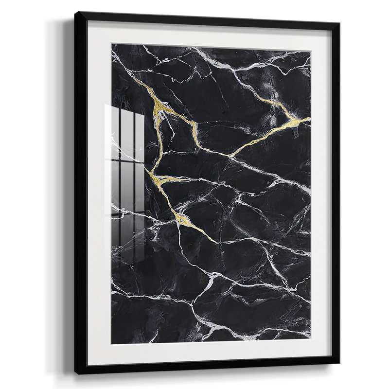 Marbre noir I, reproduction encadrée, Blanc, Papier avec cadre noir