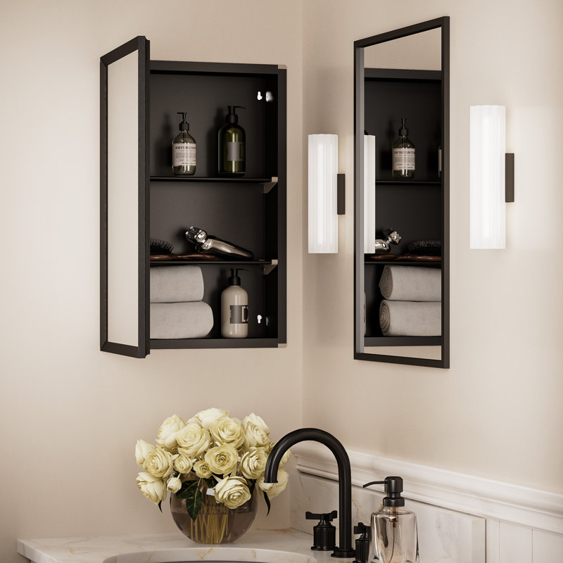 Armoire à pharmacie encastrée ou à surface avec miroir, H 24 po x l 16 po x P 5 po, Noir mat