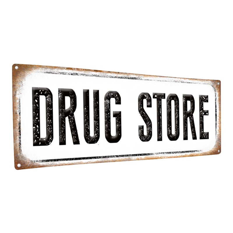 "En métal vieilli, pharmacie" sur métal, H 11,5 po x l 31 po x P 0,04 po