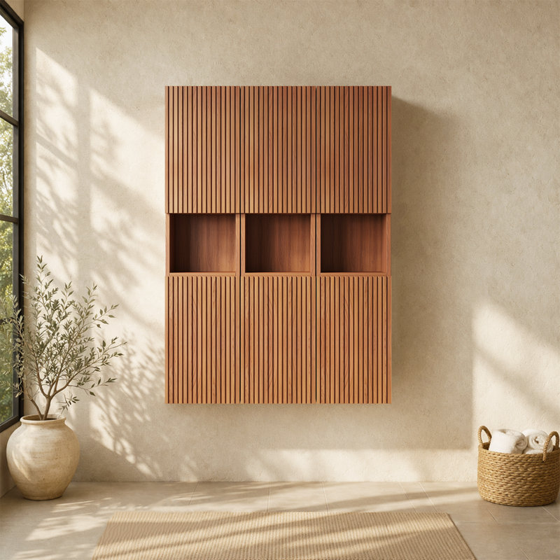 Meuble-lavabo mural moderne en noyer massif 41 po avec tablette