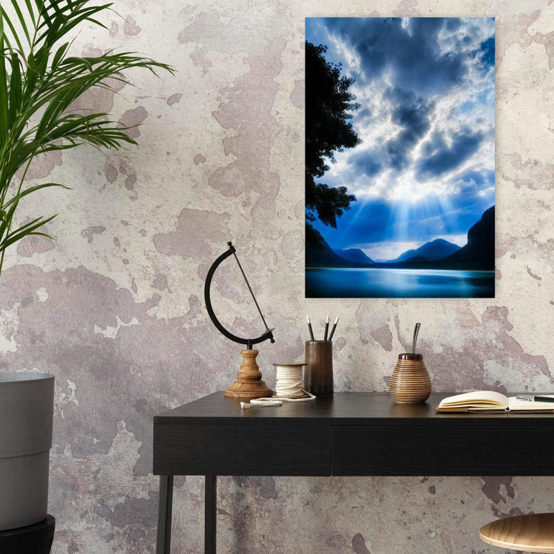 God Rays Over Sylvenstein Lake, Bavaria, Germany Abstract Contemporary Forest Landscape Wall Art, H 24 po x l 16 po