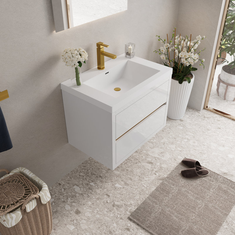 Meuble-lavabo mural flottant 30 po avec lavabo en résine et tiroirs à fermeture en douceur, blanc brillant, Blanc lustré, 30"