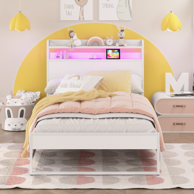 Cerridwen Twin Platform Metal Bookcase Storage Bed With RGB LED Lights And Charging Station, White