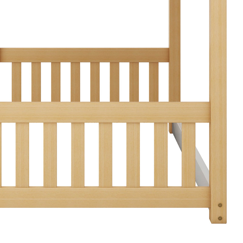 Twin Over Twin House Bunk Bed With Safety Guardrails And Ladder, Natural/White