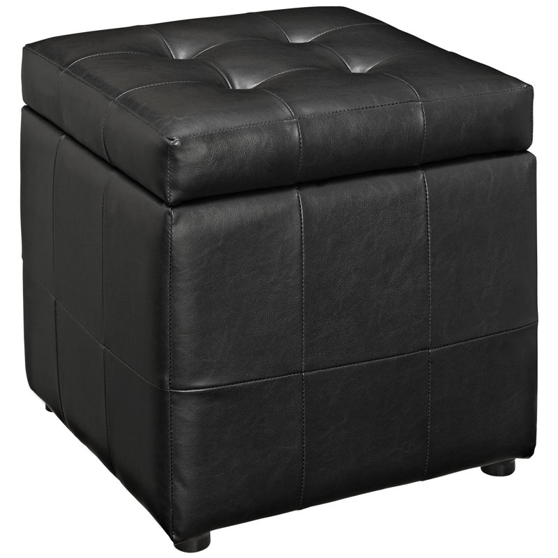  Tufted Storage Ottoman, Black Faux Leather