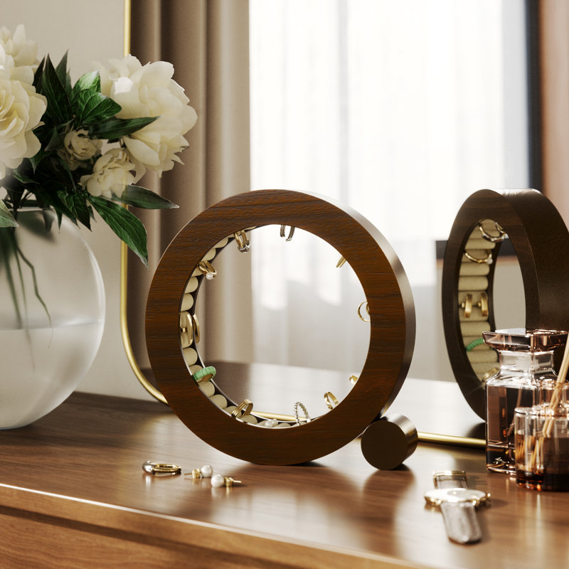 Walnut Wood Circular Jewelry Organizer with Velvet Padding