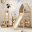 Lit mezzanine en bois simple avec structure en forme de maison et tente-336346078