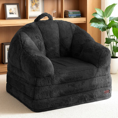 Fauteuil à billes convertible 2 en 1 en fausse fourrure noire