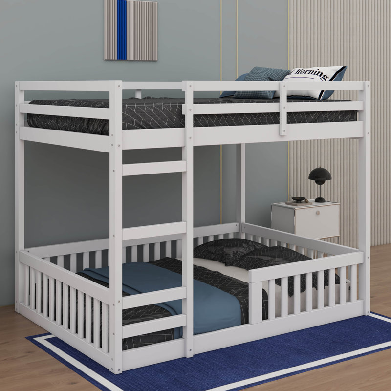 Lit superposé double en bois avec échelle et rails de protection, Blanc