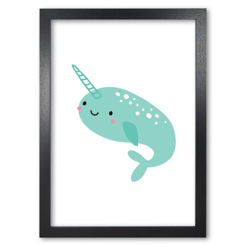 Children's Animals, Narwhal - Print, 30 cm H x 21 cm W x 5 cm D, Black Grain Frame