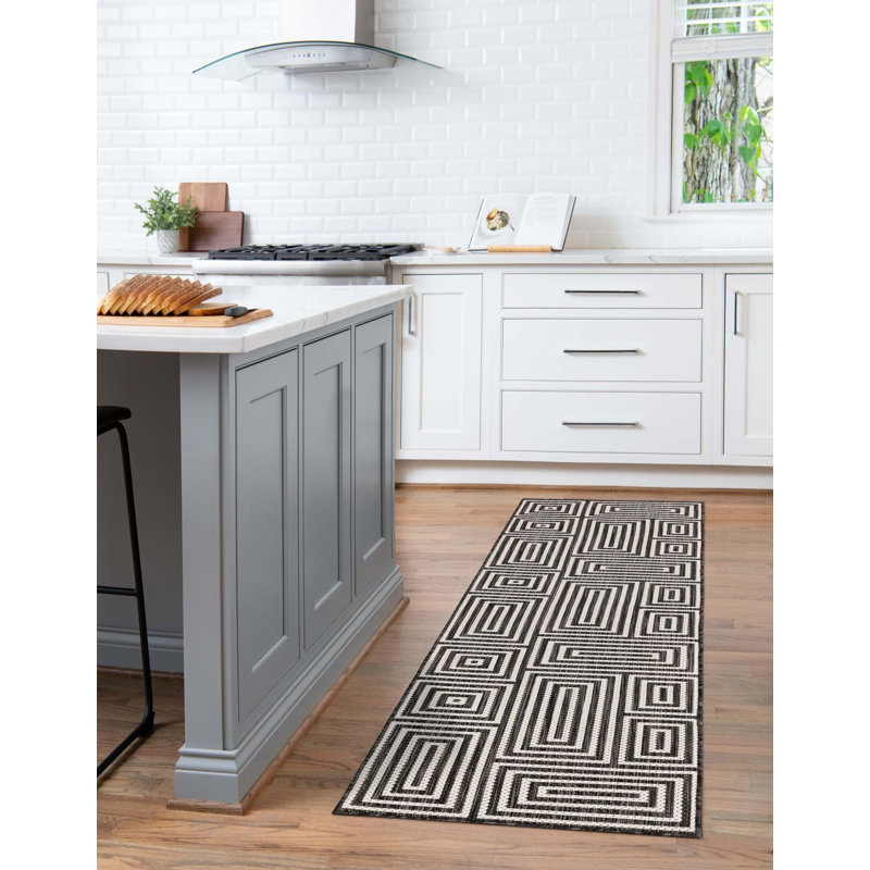 Tapis contemporain noir et blanc Bello, Tapis de couloir 2 pi x 8 pi