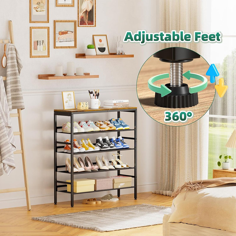 Range-chaussures à 5 niveaux pour le vestibule, range-chaussures autoportant réglable avec tablettes de rangement et plateau spacieux, design industriel en brun rustique et noir encre