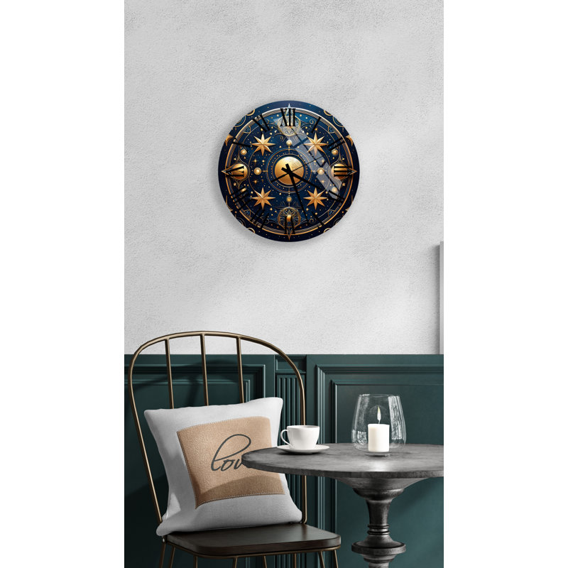 Horloge murale élégante en forme d'étoile céleste en verre trempé bleu et or silencieux, Noir