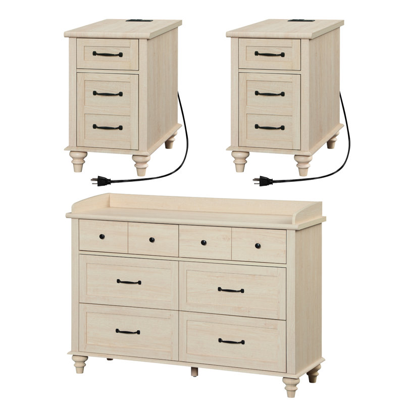 Ensemble de commode et table de chevet 3 pièces Scarlett, table de chevet et commode de style Mid-Century moderne, Beige