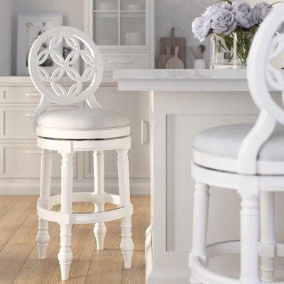 Tabouret de bar 31 po en bois blanc, siège pivotant haut dossier rond, retour automatique à 180 degrés, pieds tournés, siège confortable sur la structure, tabouret avec repose-pieds, pieds rembourrés et stables