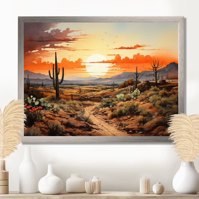 Silhouette orange, Cactus, lever de soleil - Cactus, art mural, H 24 po x l 32 po x P 1 po, Cadre flottant blanc