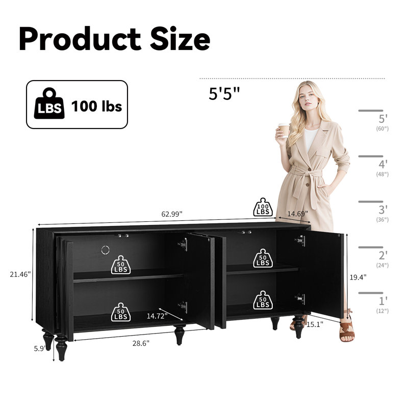 Solid Wood Fluted Buffet Cabinet with 4 Doors, Black Finish, Black