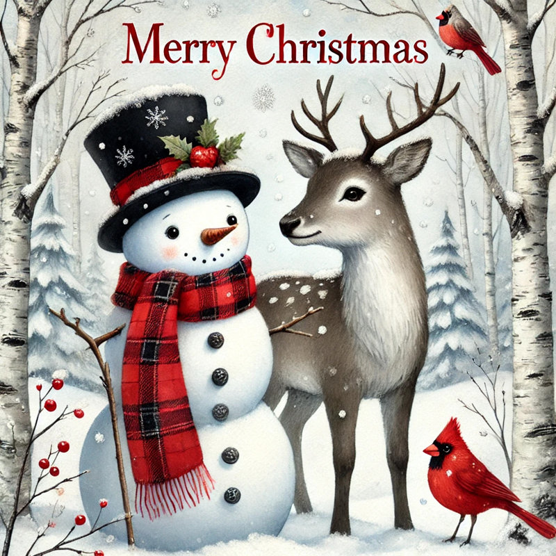 «Joyful Winter Companions: Snowman and Deer Christmas», art sur toile, H 12 po x l 12 po x P 1 po
